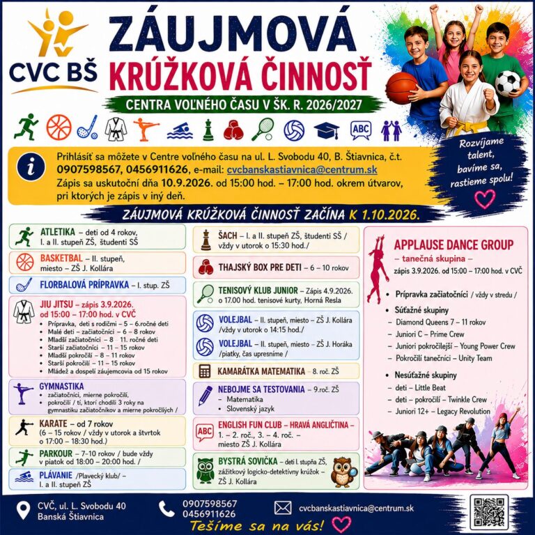 Plagát: záujmová krúžková činnosť Centra voľného času Banská Štiavnica v školskom roku 2026/2027 – zápis 10. 9. 2026 od 15:00 do 17:00, krúžky začínajú 1. 10. 2026